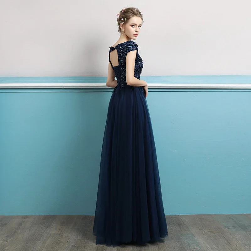 N1190 Abito da sera blu navy Fiori Lunghezza pavimento Maglia Tulle Abito da laurea Dolce memoria Banchetto Abiti da celebrità per feste