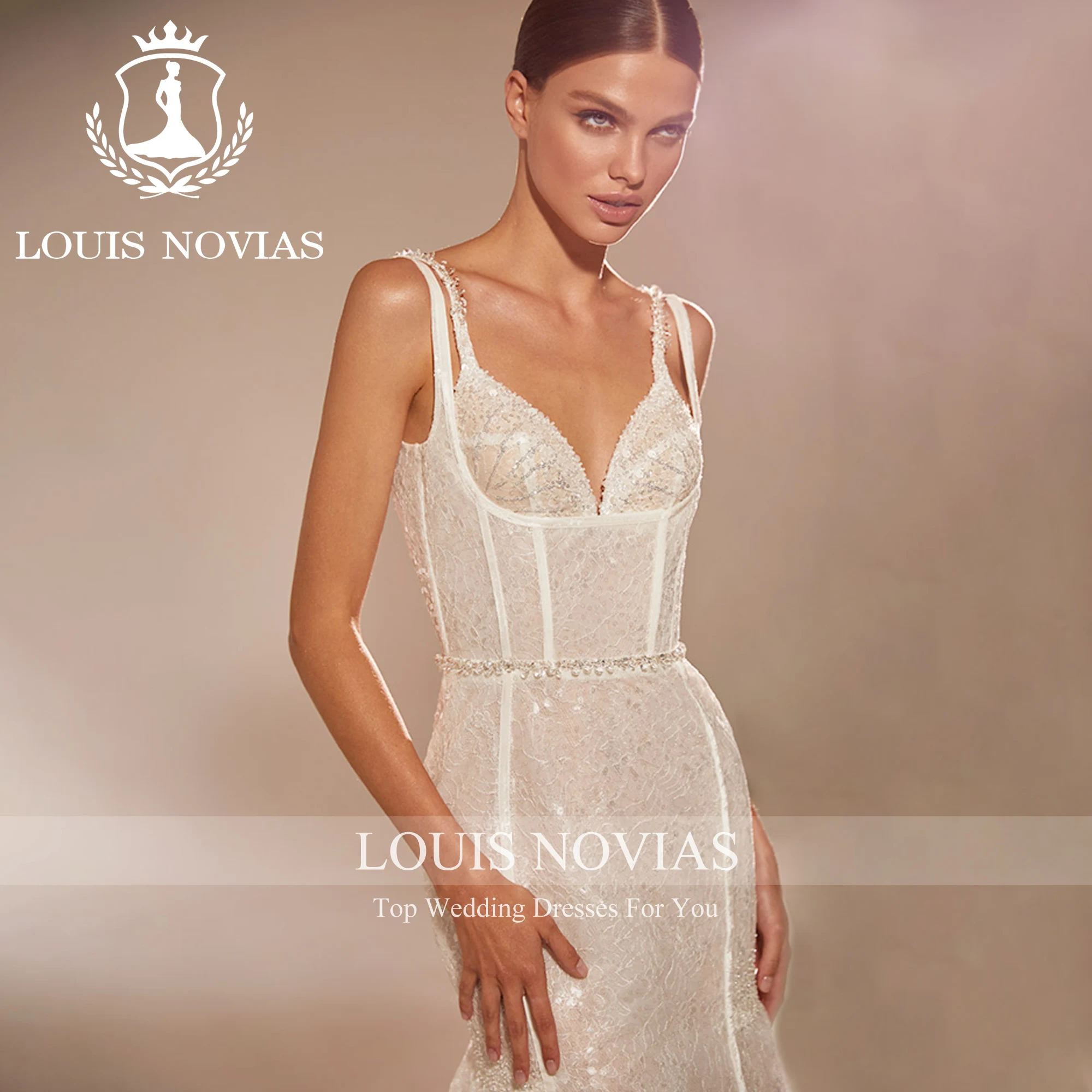 

LOUIS NOVIAS Mermaid Wedding Dresses For Women Sexy Shimmering Sweetheart Belt Spaghetti Straps Wedding Gown Vestidos De Novia