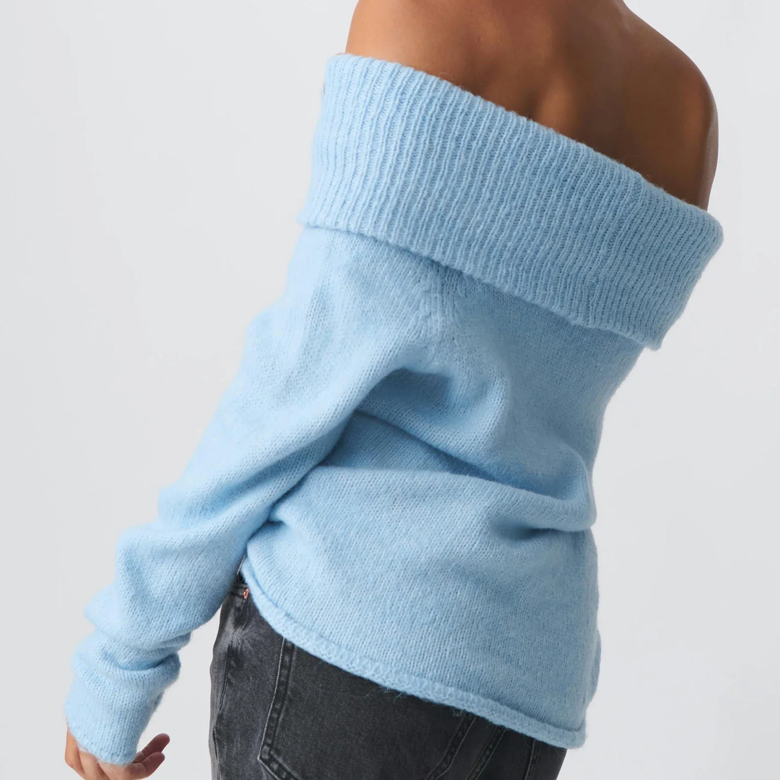 ผู้หญิงY2kปิดไหล่เสื้อกันหนาวRelaxed FitแขนยาวถักPullover Topเซ็กซี่ความงามฤดูใบไม้ร่วงStreetwear