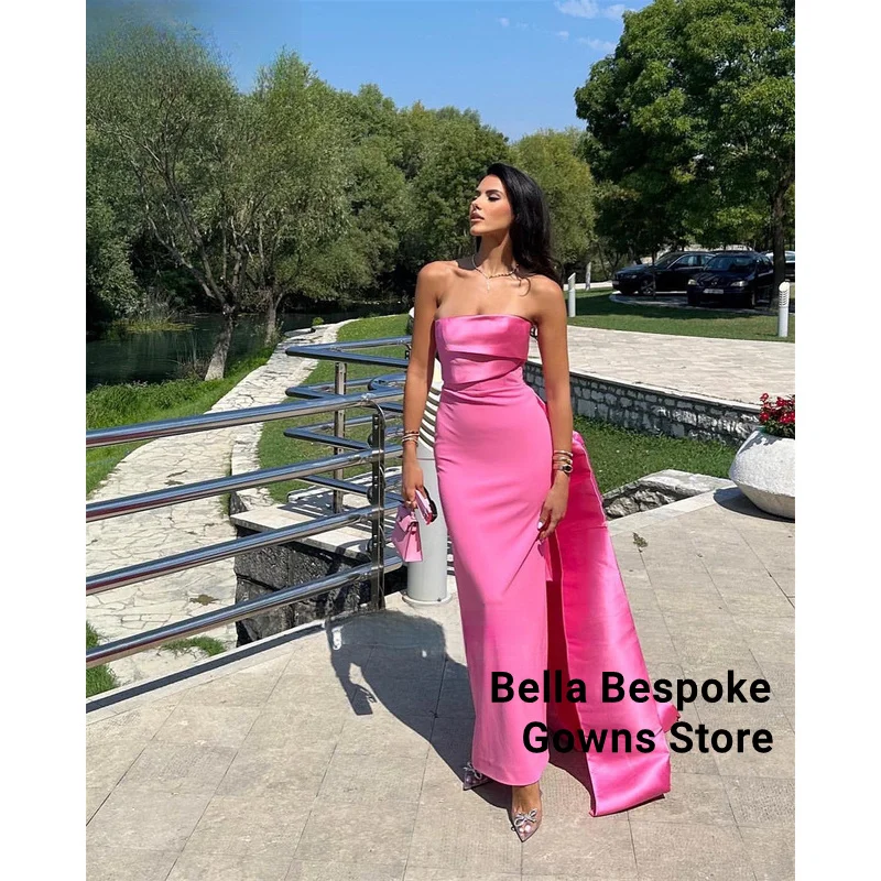 Rosafarbene, elegante Abendkleider für Hochzeiten, trägerloses Satin-Kleid für besondere Anlässe, Hochzeitsgastkleid nach Maß