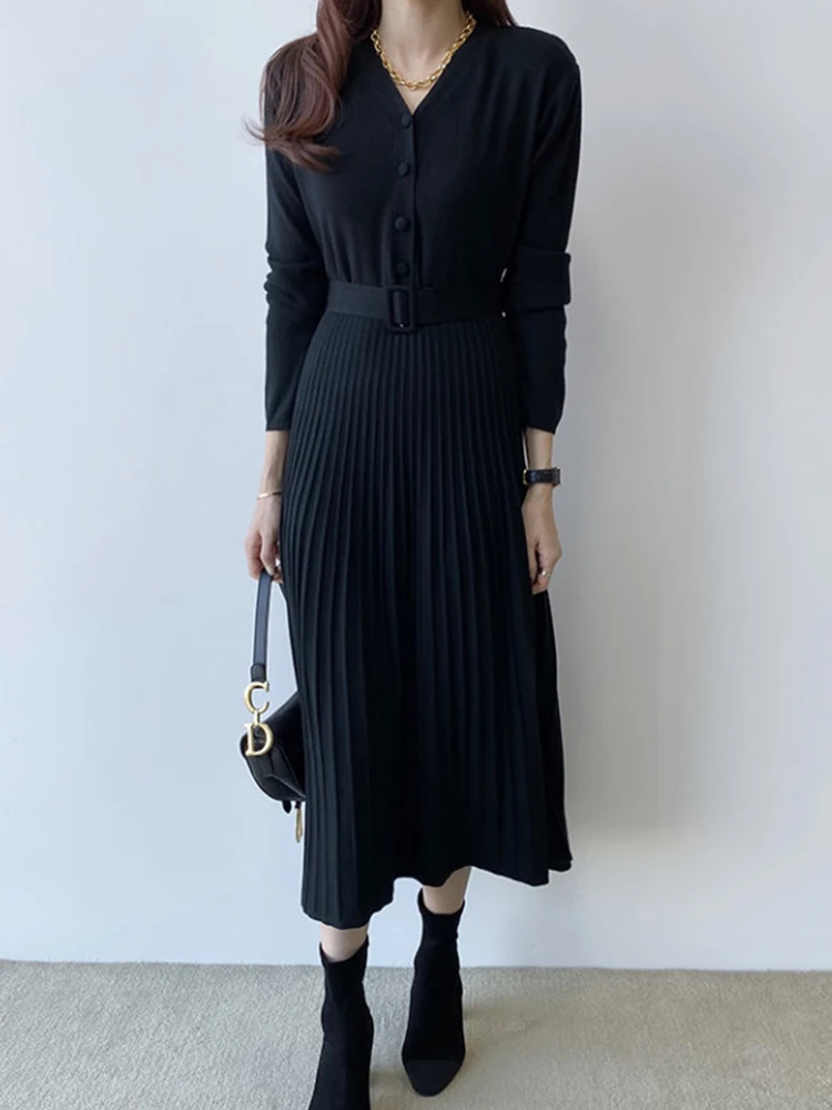 Ele Autumnal Vintage V-Ne ceinturé minceur longue Sve genou-dessus Midi plissé Dr femme Faion trajet Sle