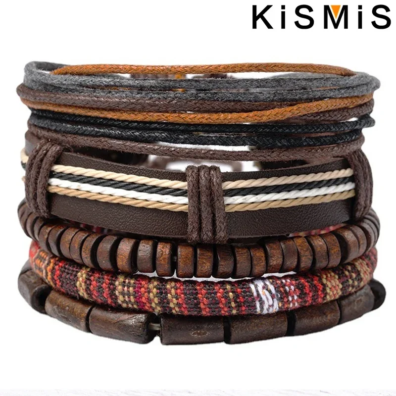 KISMIS 1Set Multilayer Hand Braided Bracelet Men Women Flax Rope Wood Beads Ethnic Style Bracelet Leather Wristband 5Pcs/Set