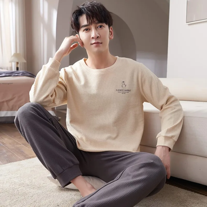 Wiosna nowe bawełniane męskie piżamy dorywczo długie topy spodnie zestawy piżamy stałe mężczyźni piżamy Pijamas Homewear moda Pjs Homme