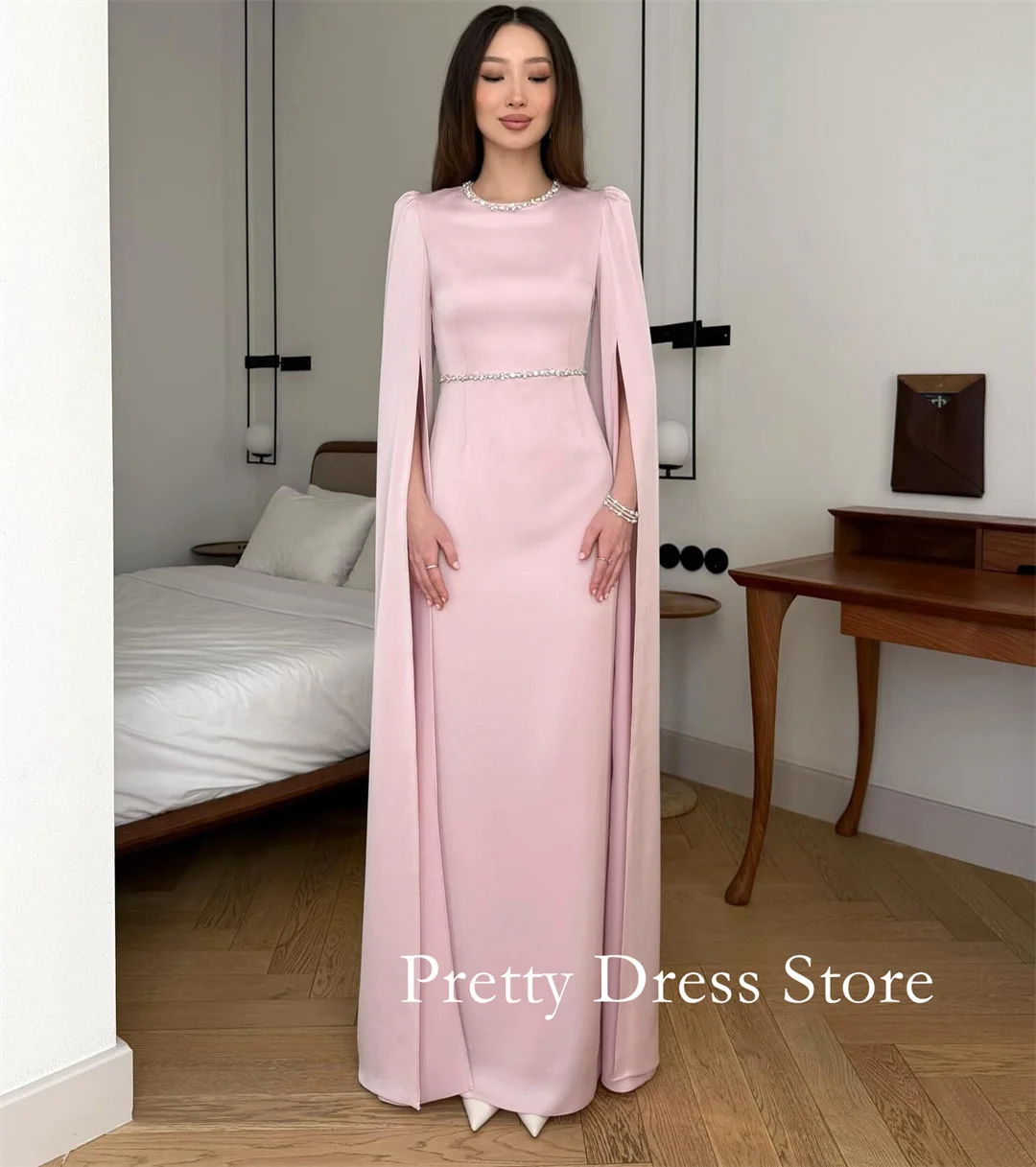 

Розовые вечерние платья с круглым вырезом по индивидуальному заказу, креп длиной до пола, с рюшами, простые вечерние платья для выпускного вечера, вечерние платья de fiesta