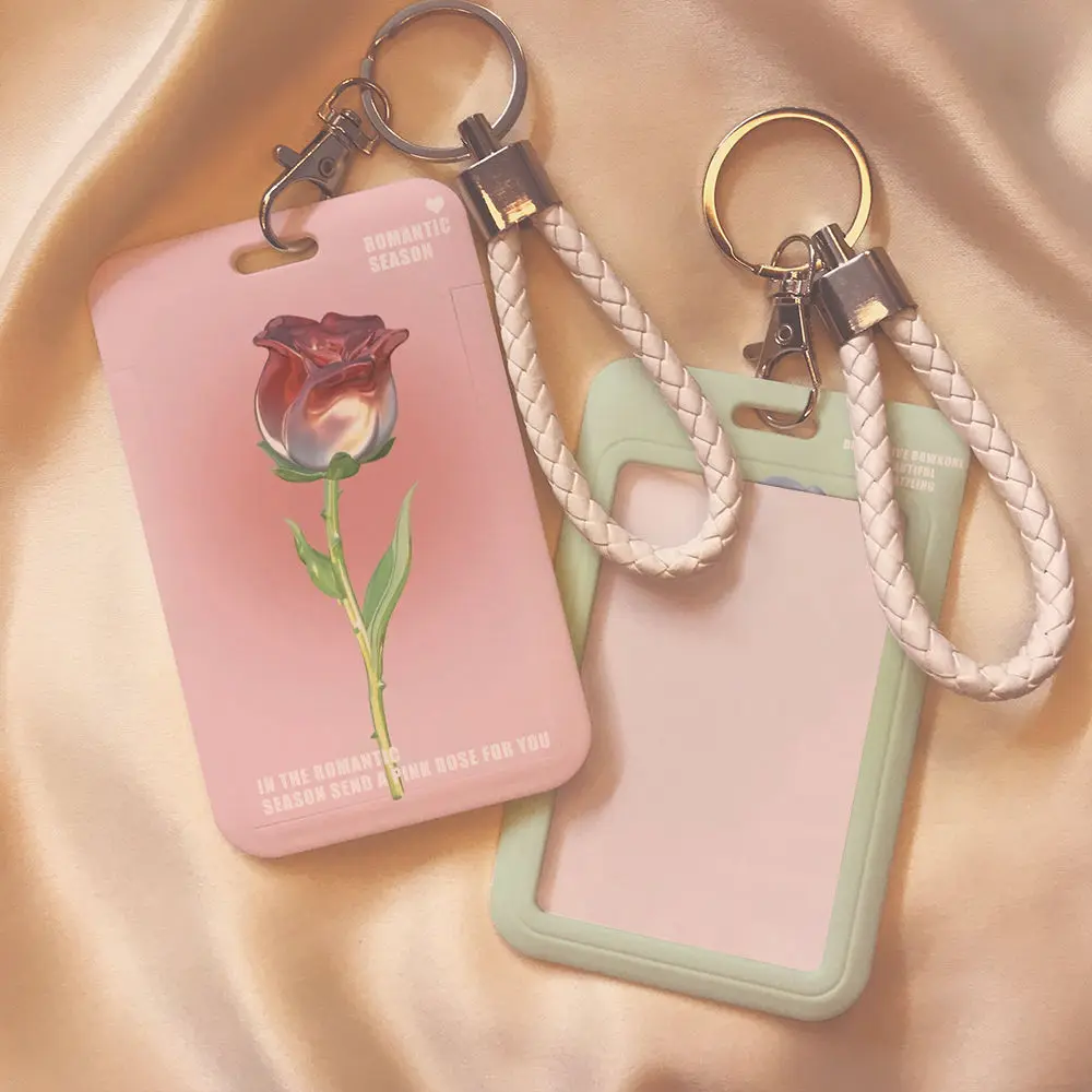 Ins Rose Tulip Flower ID Card Holder Kpop Star Photo Card Display Case Cute Student Subway Bus Card Protective Case with Lanyard