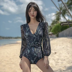 Badpak Met Volledige Mouwen Uit Één Stuk Damesbadkleding Voor Dames Bedrukt Badpak Mesh Rugloze Sexy Bloemenkleding 2023 Nieuwe Koreaanse Strandkleding