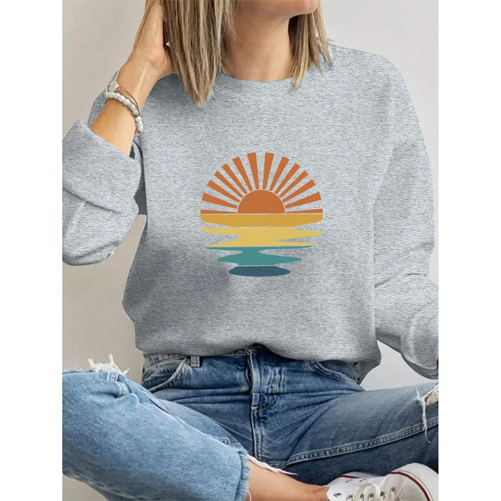 المرأة جولة الرقبة طويلة الأكمام المخملية عارضة إيجابية شروق الشمس مشهد البلوز الشتاء مريحة فضفاضة عارضة المطبوعة قمم #6