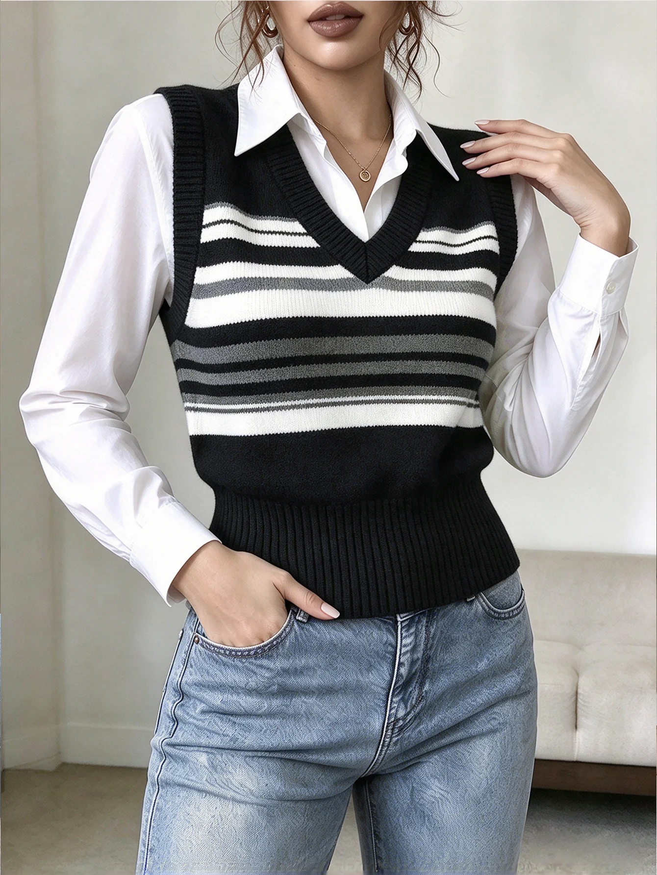 Women V Neck Striped Knit Vest Sleeveless Sweater Slim Ribbed Hem Casual Preppy Style Autumn Layering Knitted Waistcoat