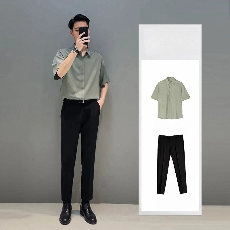 

Shirts Pants Suits for Men No Logo Outfits Slim Fit Regular Two-piece Set Trendy Casual Stylish Outfit Plain Man Trousers Sets