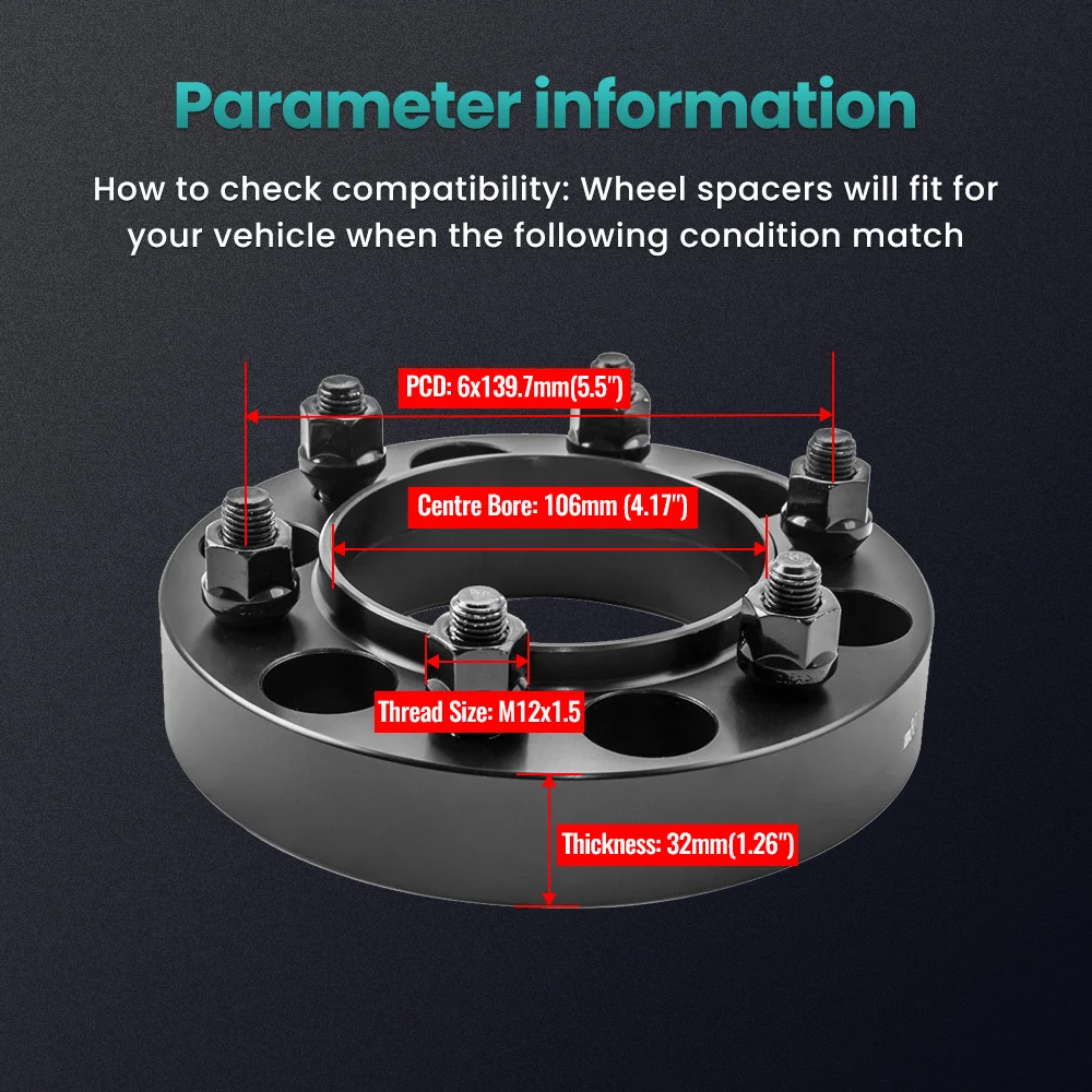 (4) Wheel Spacer Adapters 32 mm 1.25'' 6x139.7 Hub Centric for Toyota M12x1.5mm 6x139.7 Hubcentric 106mm 12x1.25