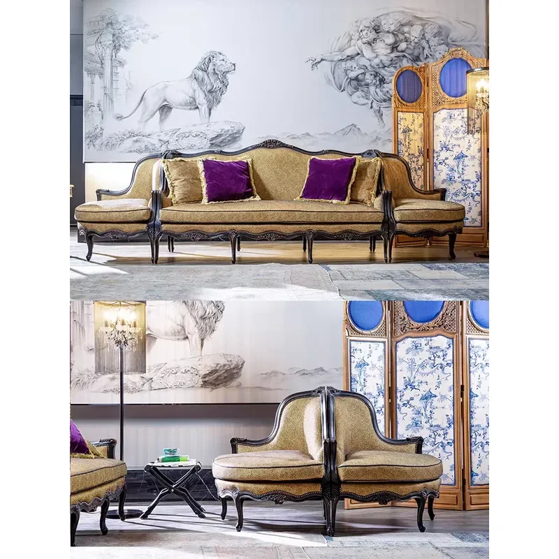 Solid Wood Retro Living Room Three Person Sofa American Leopard Print Fabric Villa Furniture Chinese Style Double Sofa