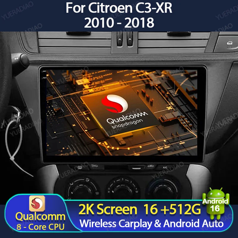 Android 16 Autoradio für Citroen C3-XR 2010 2011 2012 2013 - 2018 Carplay Auto Multimedia Stereo Videoplayer NAVI GPS 4G WIFI