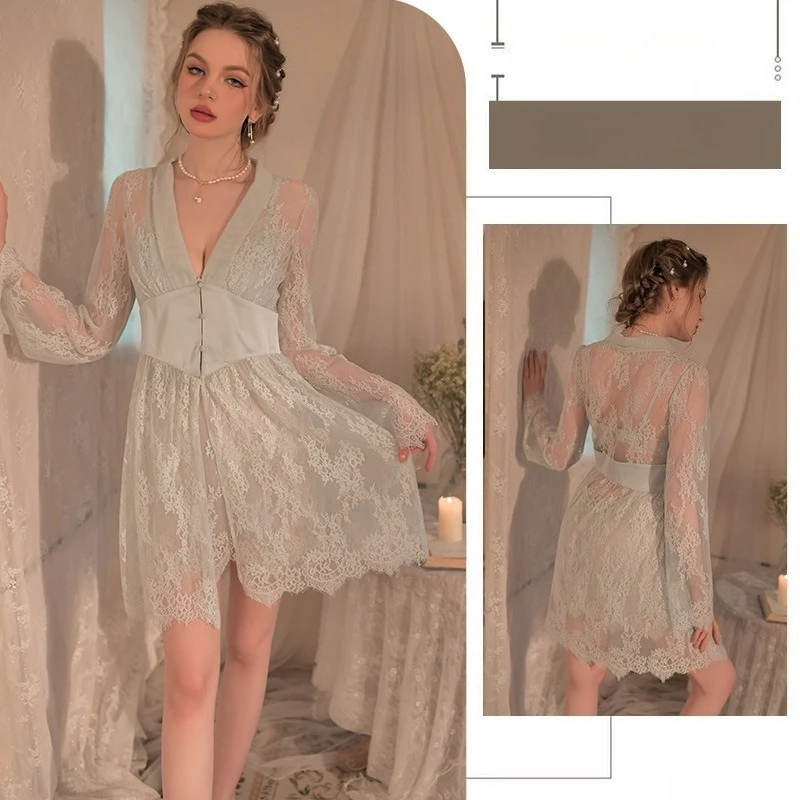 Camisón Sexy de encaje con tirantes finos, pijama transparente de malla, bata, ropa de dormir, conjunto de 3 piezas, ropa de pijama para mujer