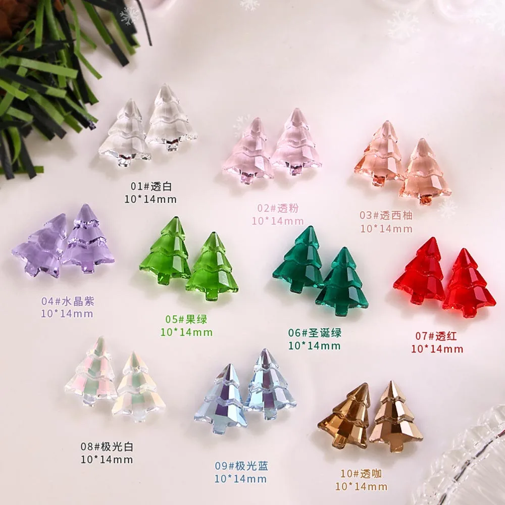 Encantos de decoración de uñas de árbol de Navidad de Cristal 3D, accesorios de diamantes de imitación de resina de 10x14mm, suministros de decoración de uñas transparentes Aurora, 10 piezas por lote