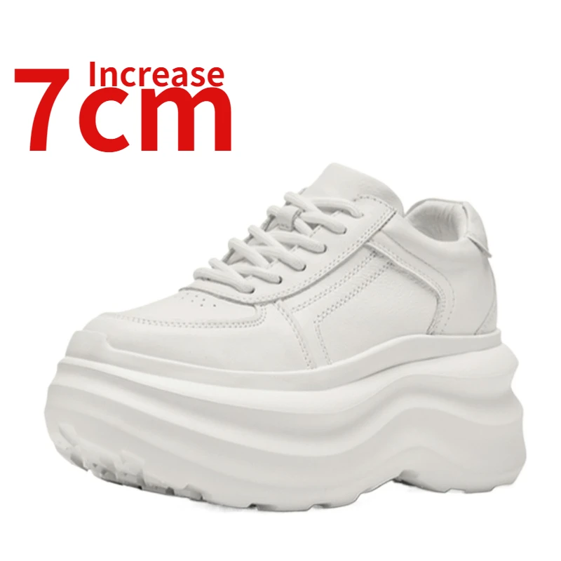 

Genuine Leather Retro Thick Bottom Dad Shoes for Women Height Increase 7cm Comfort Breathable Sneakers White Casual Sports Shoes