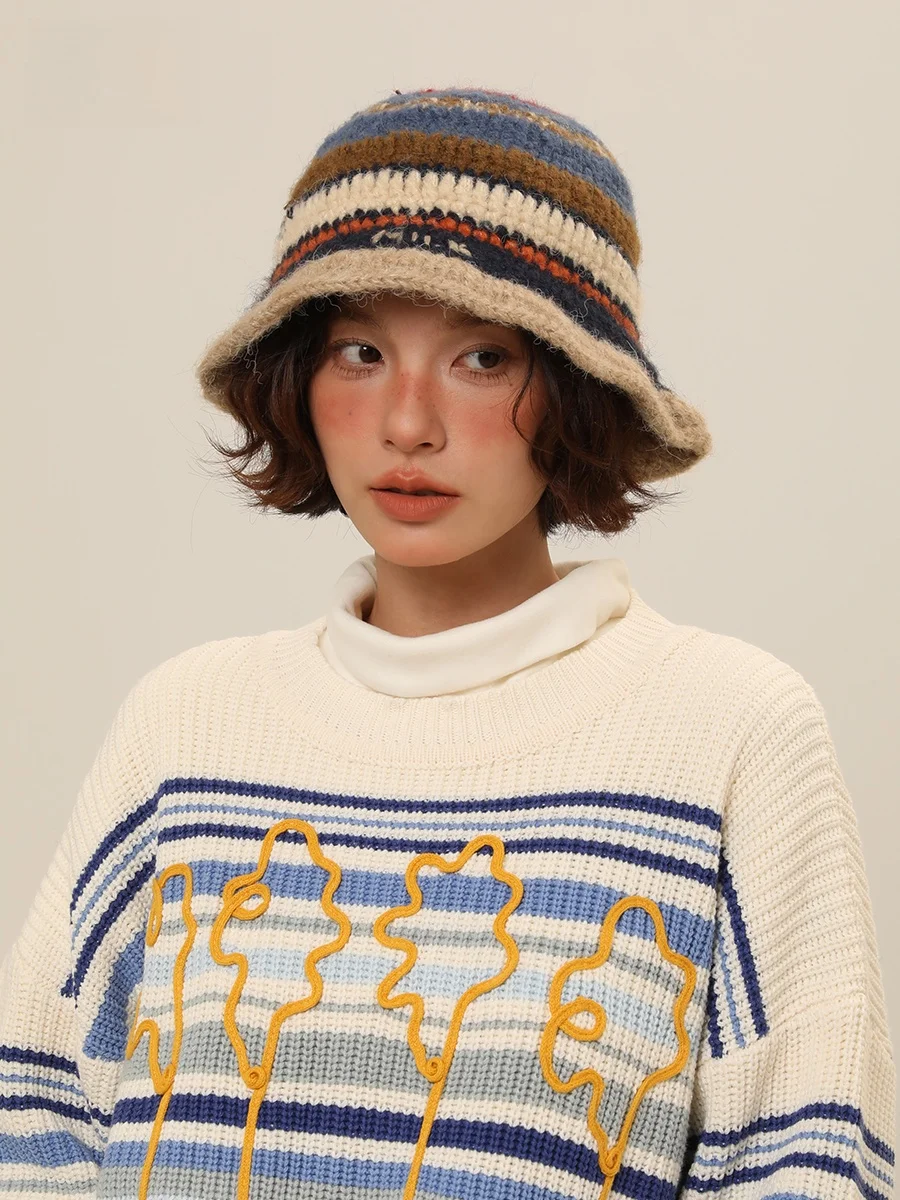 

Warm Knitted Fierman Hat Women's Autumn Winter Stripe Pattern Retro Color Blo Woolen Cap Casual round Top Big Brim Hat