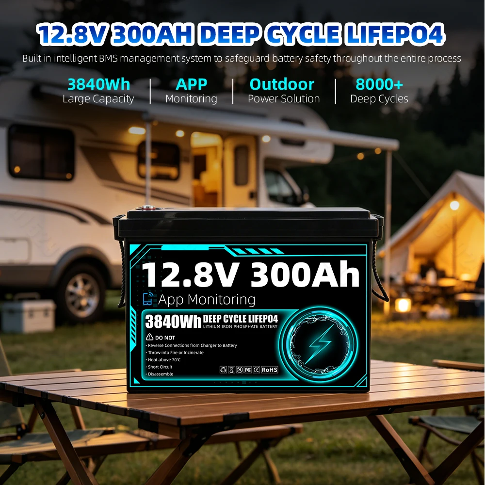 APP Monitoring 3840Wh 12V 300Ah  LiFePO4 Battery Pack With  Low Temp Cut off - Built-in 200A BMS - 8000 Cycle Deep Cycle for Campeing Off-grid RV/Vans/Trolling Motor  US Warehouse