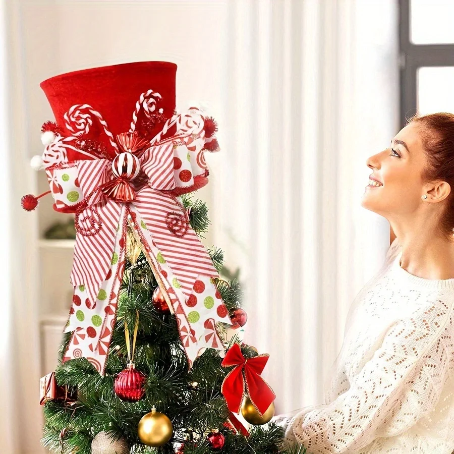 Ein Weihnachtsbaum-Zylinderhut, festlicher roter Zylinderhut mit Zuckerrohr-Süßigkeit-Dekoration – perfekt für die Weihnachtsbaum-Top-Dekoration
