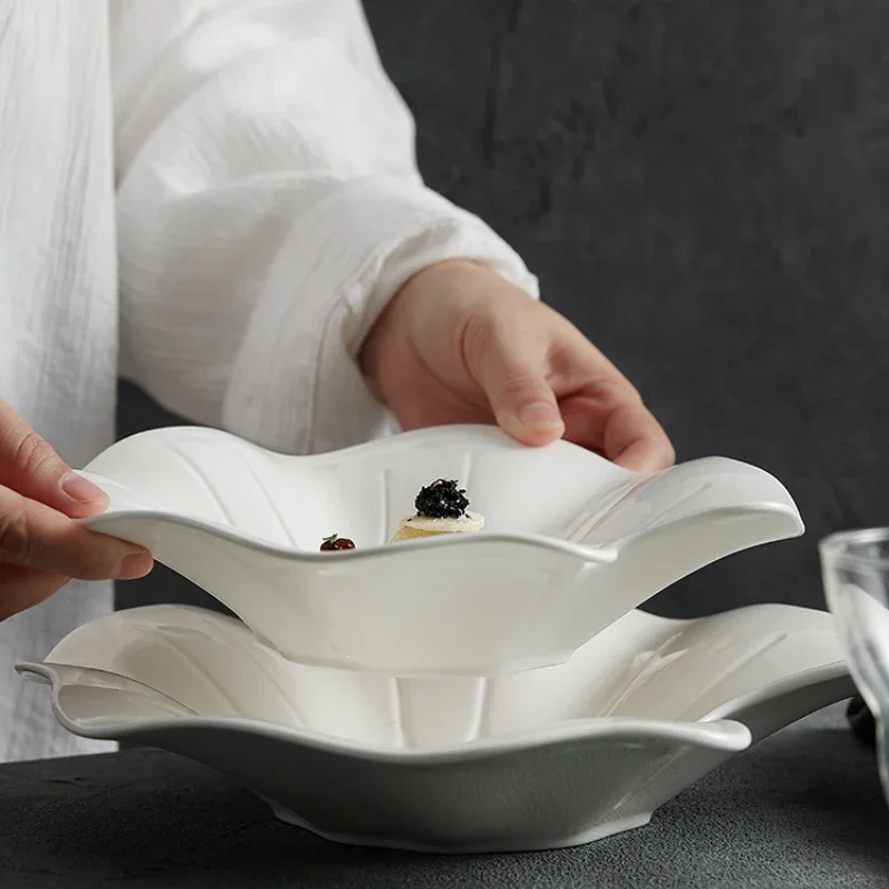 Creative Ceramic Lotus Leaf Western Food Plate Hotel Tableware Artistic Conception Cold Dish Plate Home Western Food Soup Plate