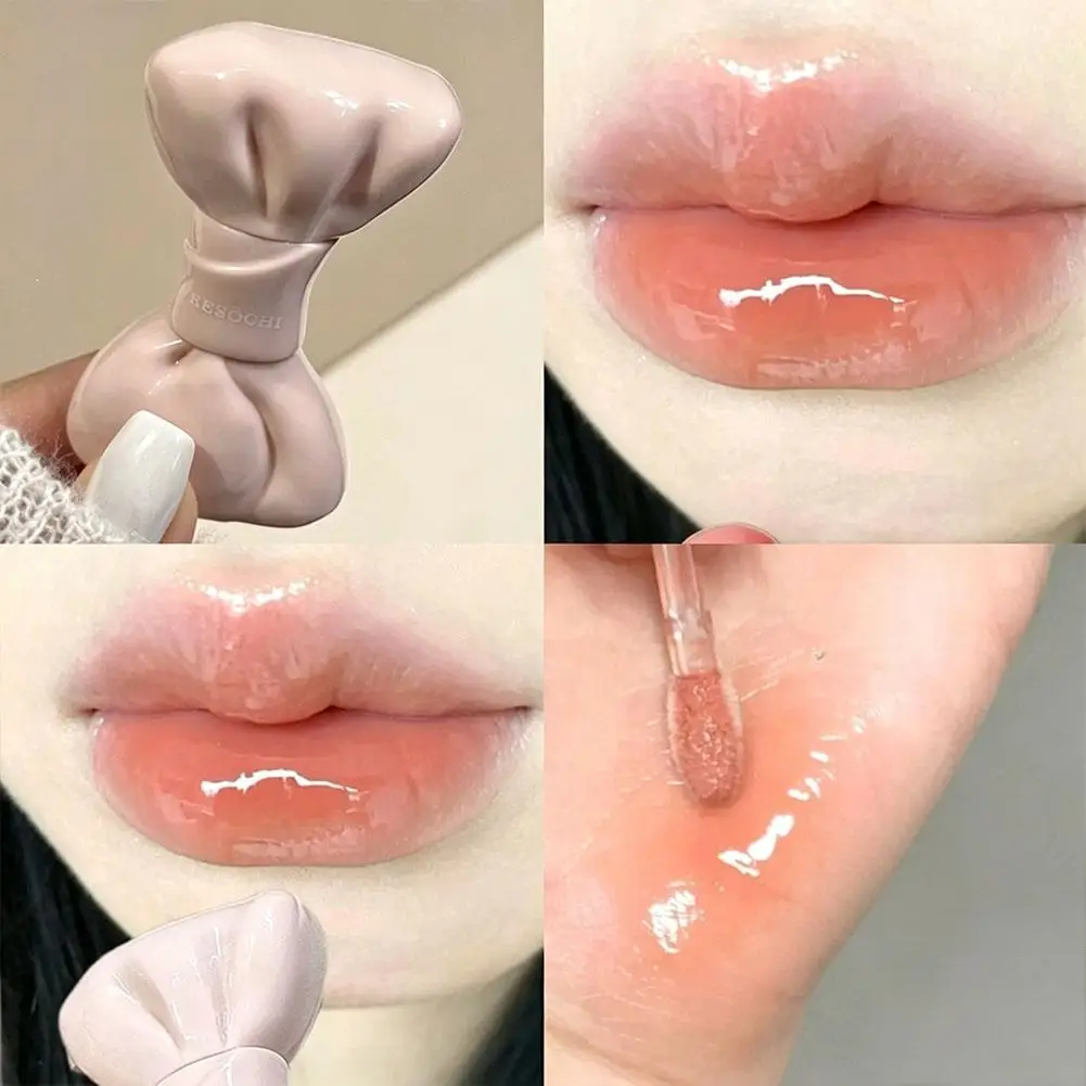 Bow Tube Watery Mirror Lip Tint Sweet Grey Pink Moisturizing Lip Gloss Long-Lasting Lip Gloss Glass Glossy Lip Glaze Natural