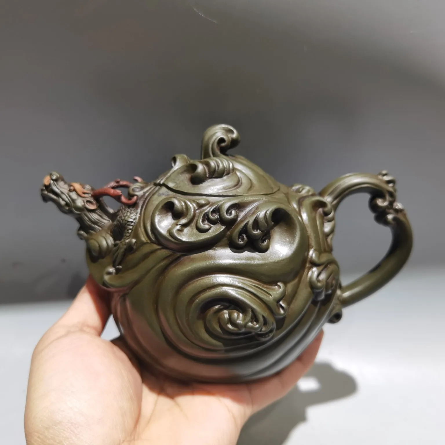 

8"Chinese Yixing Purple Clay Teapot Dragon billed Teapot Wave Texture Pot kettle Ornaments Gather fortune Town house