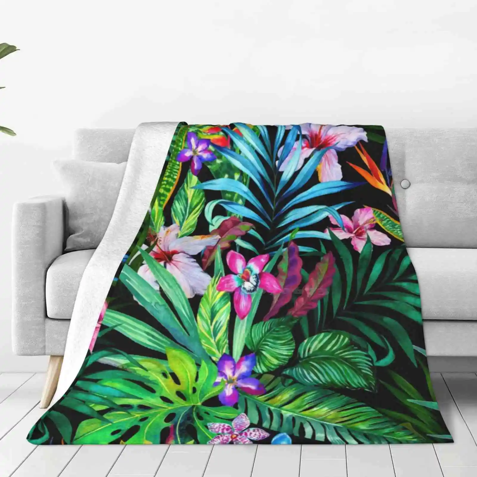 Tropical Fest Hot Sale Printing High Qiality Warm Flannel Blanket Flower Floral Swimwear Leaf Spring Darkness Bouquet Neon