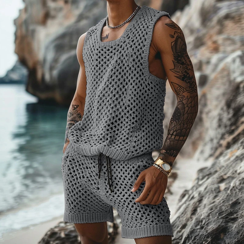 Vintage Hollow Out Knitted Outfits Men Summer Sleeveless O Neck Knit Tank Top And Shorts Mens Two Piece Sets Fashion Men\'s Suits