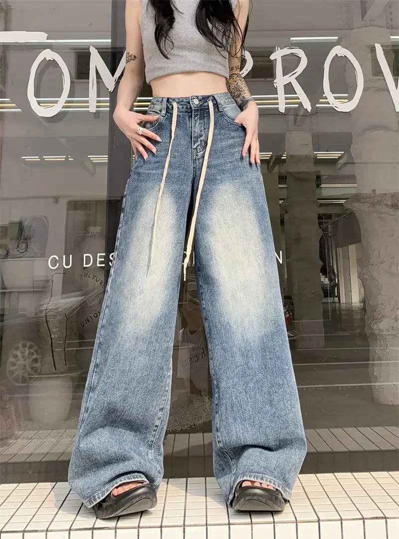 

Women Jeans Denim Pant with Drawstring Design high waist y2k pants harajuku casual boyfriend loose straight leg wide baggy jean