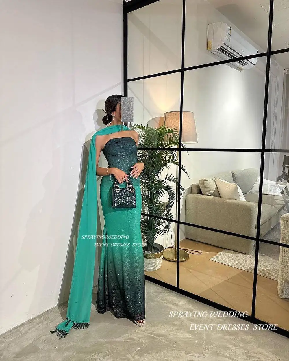 SPRAYING Elegant Shiny Gradient Green Mermaid Evening Dress Saudi Arabia Strapless Floor Length Prom Gown With Shawl Custom Made