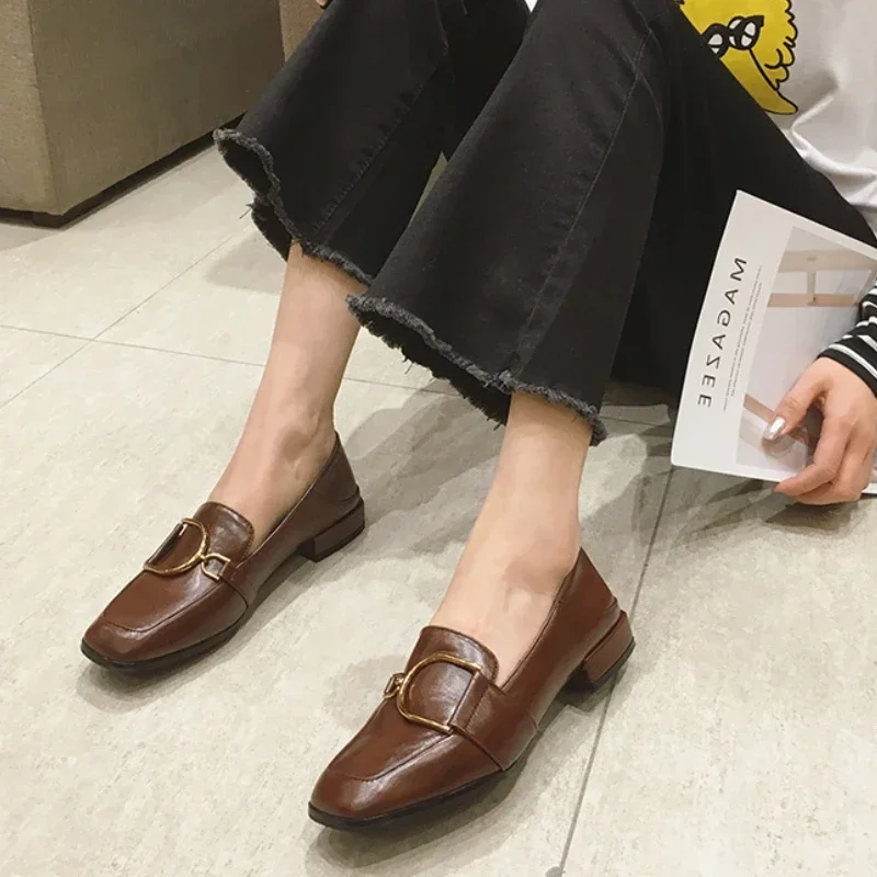 British Style Leather Shoes for Women Square Toe Slip on Loafers Low Heel Shallow Single Shoes Vintage Metal Buckle High Heels