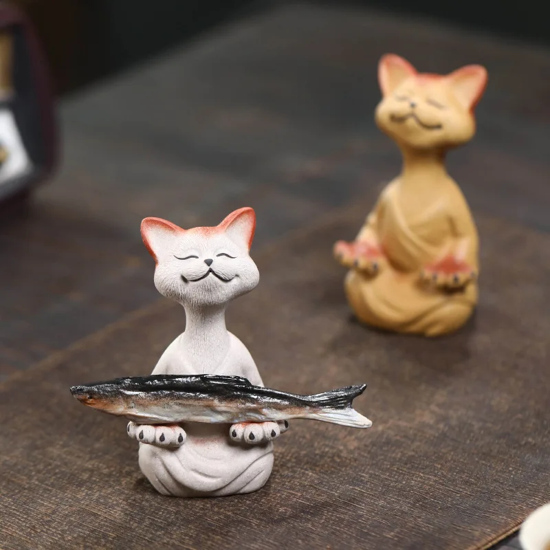 

Purple Clay Cat Tea Pet Attracting Wealth Cat Meditation Zen Ornament Handmade Sculpture Home Tea Set Decoration Art Gift