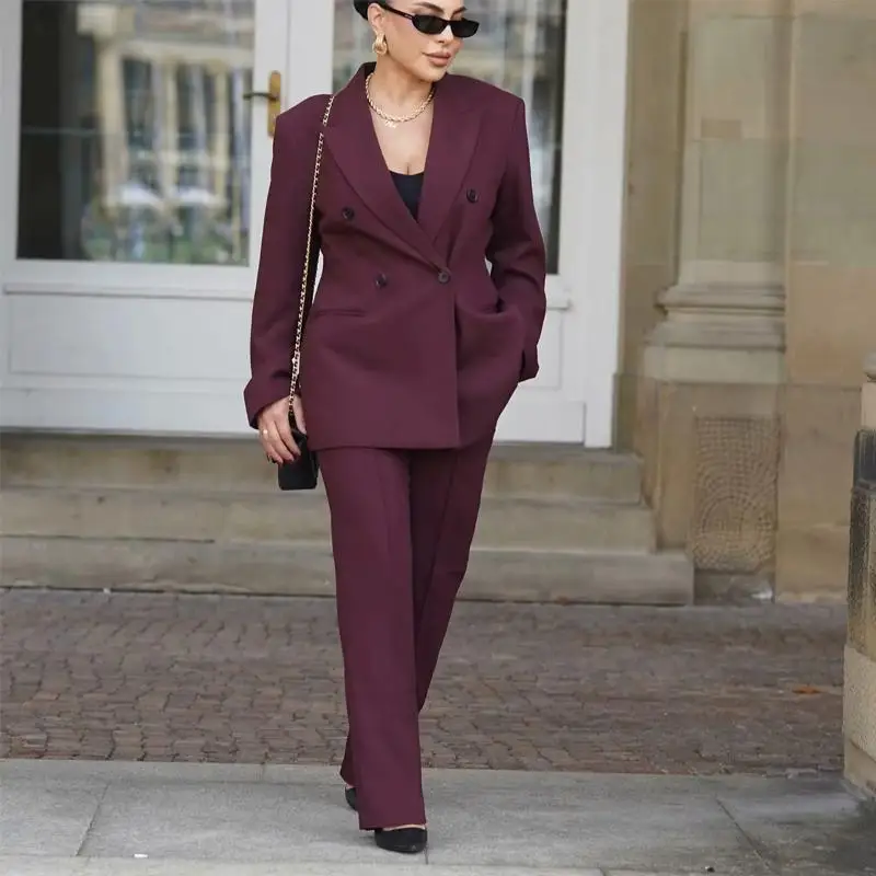 Autumn Winter New Arrival Women's Double Breasted Red Suit Jaet High Waist Wide Leg Casual Pants Career Women's Outfit