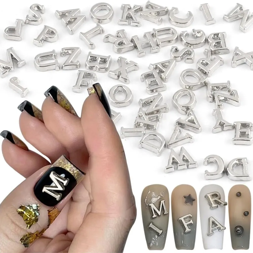 26Pcs Silver Gold Alphabet English Letter Nail Charms 3D Mixed A-Z Alphabet Alloy Nail Art Jewelry Y2K Fingertip Nail Decoration