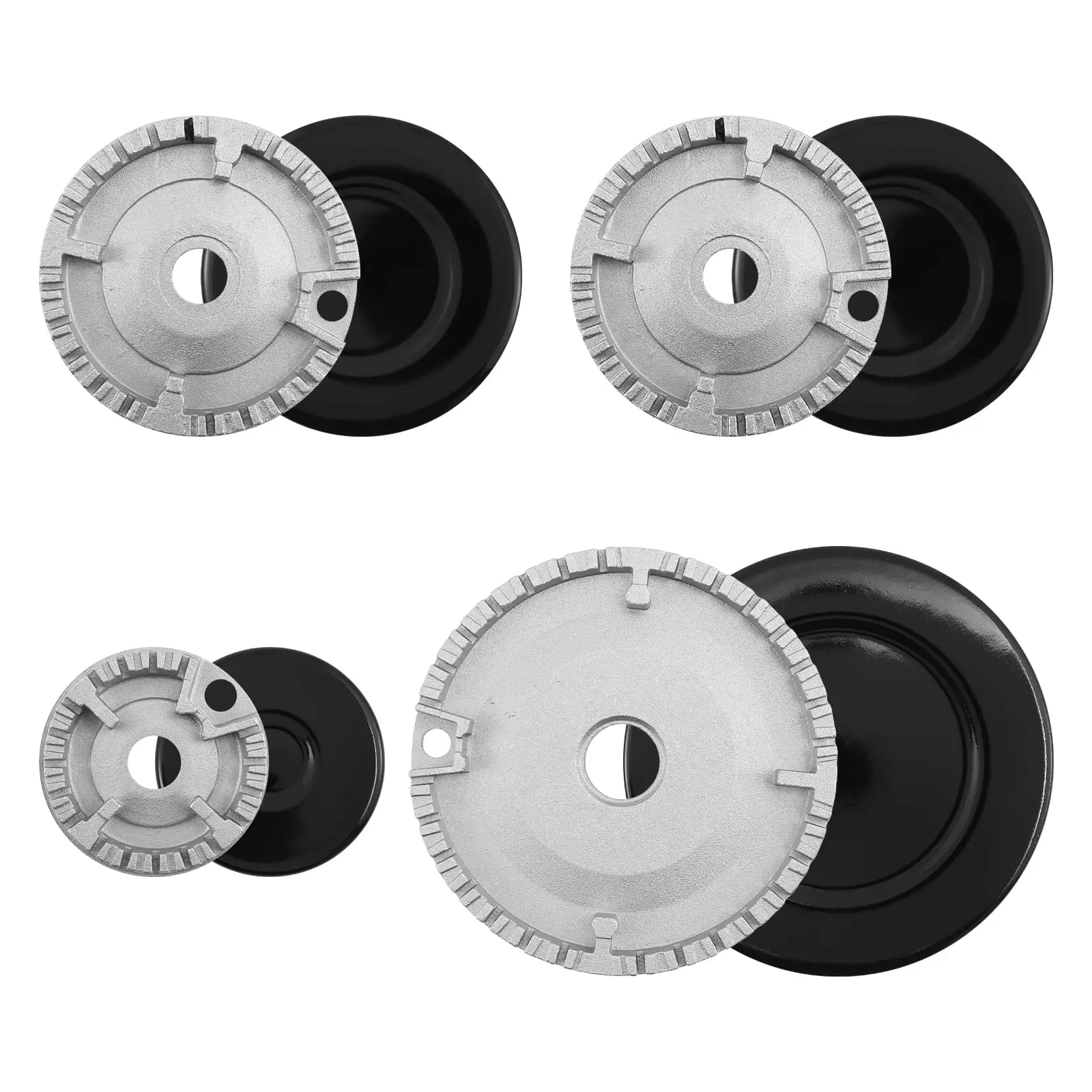 

8-piece Black and Gray metal gas stove burner cover and burner head accessory set, 4 Concave Burner Caps and 4 Flame Dividers,