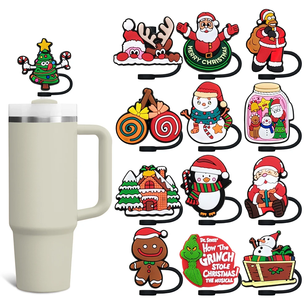 Festival Snowman Reindeer Straw Cover Cap 10MM Eco-friendly Straw Plug Splash Proof Drinking Cup Charms Pendent Home Party Gift