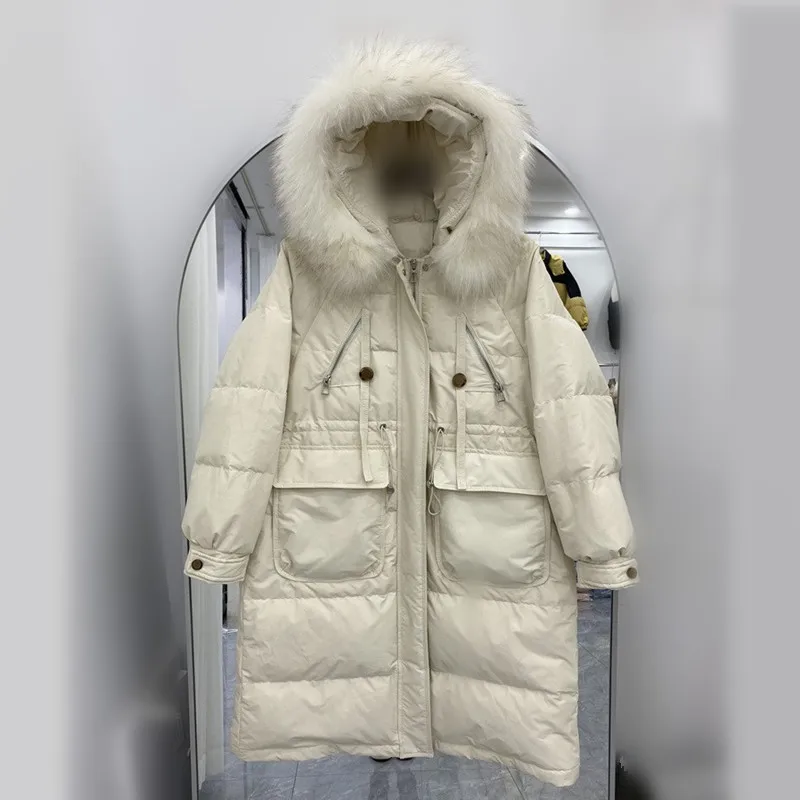 겨울 신상 여성용 다운 재킷 출퇴근용 후드 루즈핏 따뜻한 퍼 칼라 화이트 덕 다운 파카 코트