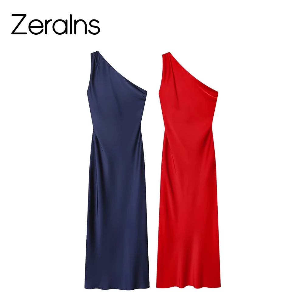 ZERAINS European and American style new women's slim and versatile dress with a silk satin texture and a MIDI long style