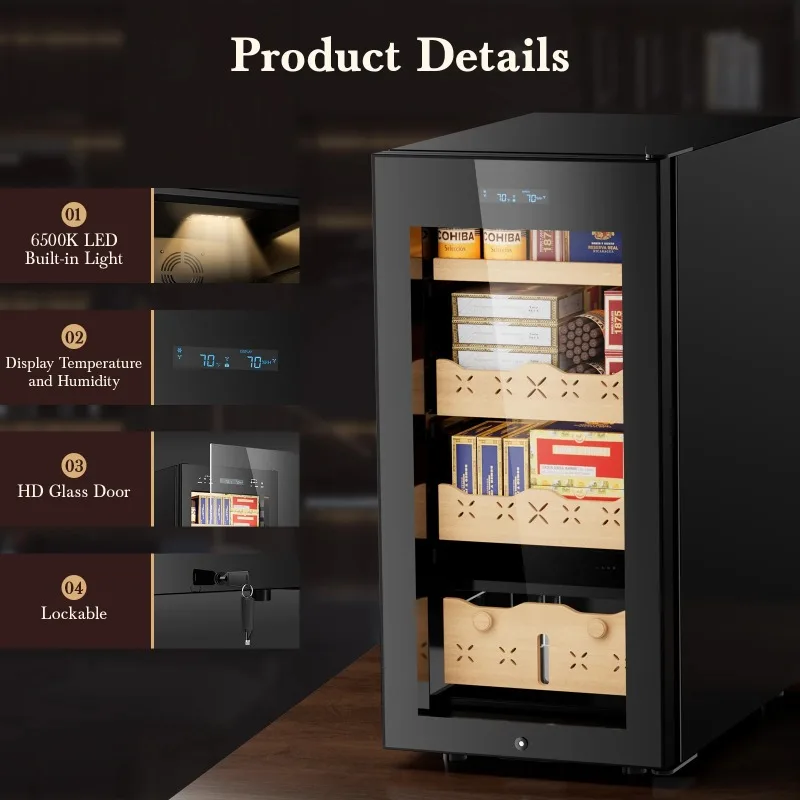 Electric Cigar Cooler Humidor 85L Large Cabinet for 700 Counts Spanish Cedar Wood Shelves & Drawer Stable Temperature & Humidity
