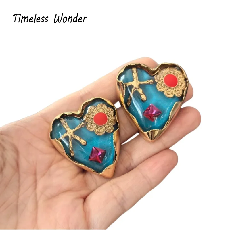 

Timeless Wonder Retro Geo Glass Heart Stud Earrings for Women Designer Jewelry Runway Luxury Rare Gift Top Sweet Cute 5132