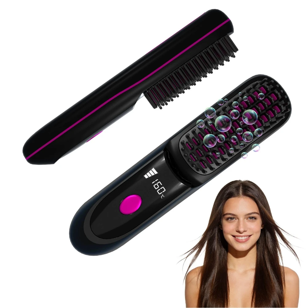 

2026 Black Portable Straightener Brushs for Travel, with LCD Temperature Display, Fast Heating Cordless Mini Hair Brushs