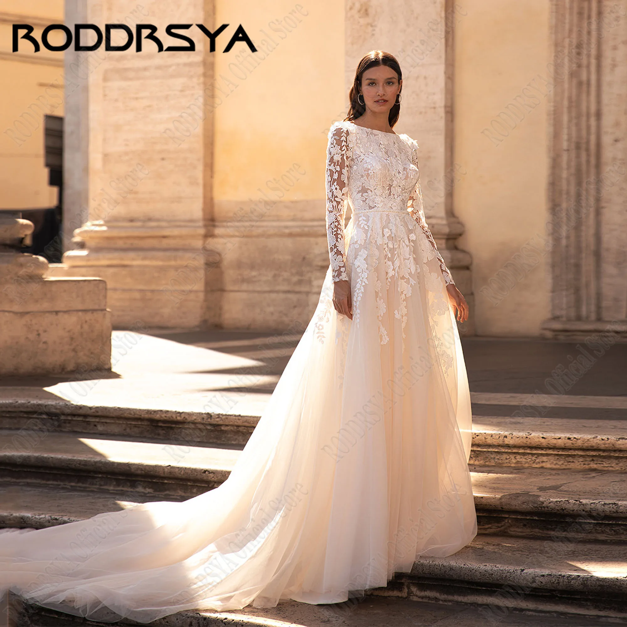 RODDRSYA Muslim Wedding Dresses 2024 Bride Long Sleeves Beading A-Line Lace Bride Gowns Applique Vestido De Novia Customized