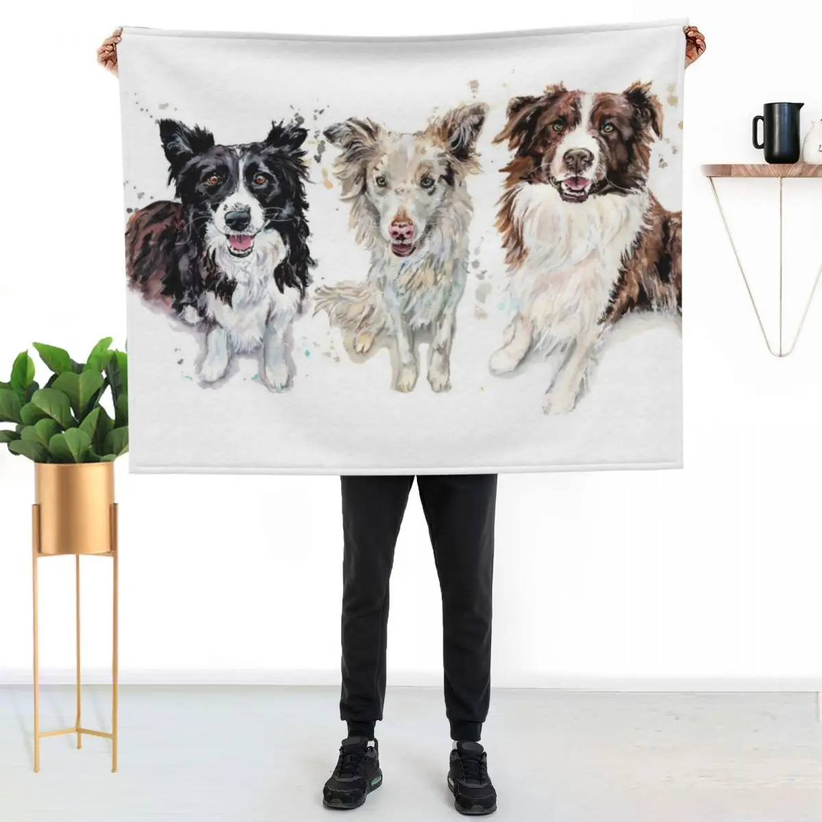 Watercolour Border Collies Throw Blanket couch cozy soft plush fuzzy picnic outdoor blanket