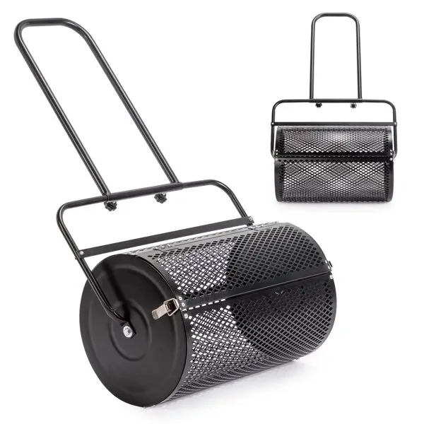 24-Inch Powder Coated Steel Mesh Basket Topdreh Compost Spreader for Lawn Garden Peat Moss Roller Double Fertilizer Spreader