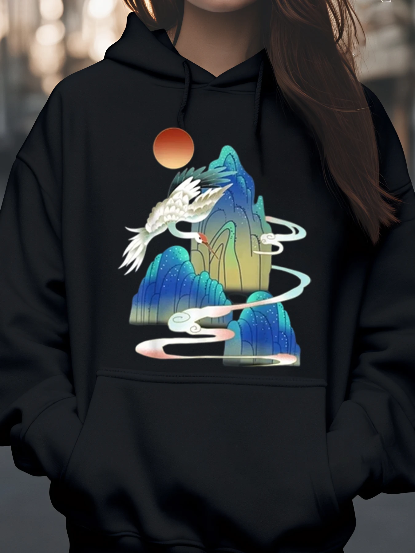 Phoenix Mountain Landscape Print Hoodie Autumn Winter Casual Wear Unisex