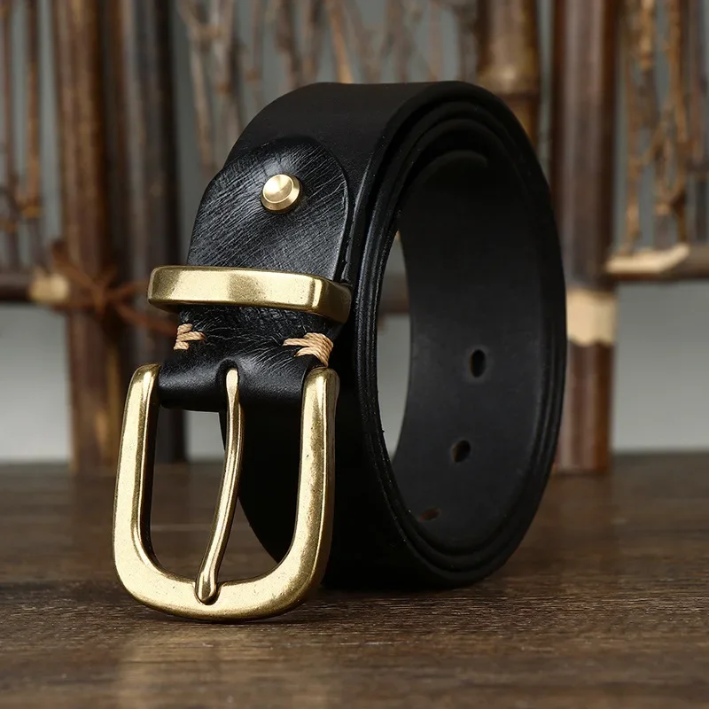 Retro Washed Italian Top Layer Cowhide Leather Belt, Men's Copper Buckle, Korean Version New Trendy Belt