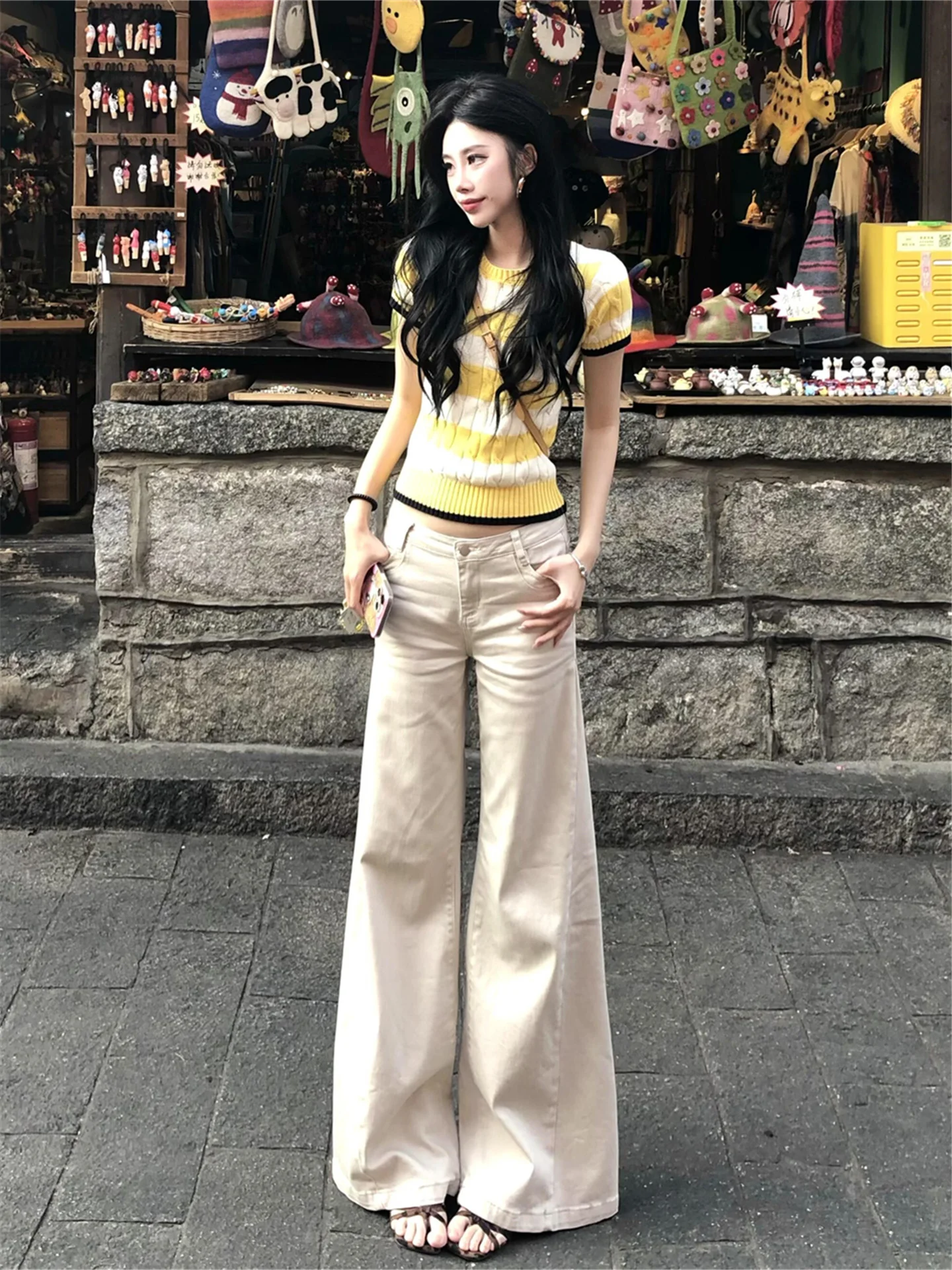 

American Style Low Waist Bell Bottom Jeans Women's Loose Fit High Waist Extended Length Floor Sweeping Pants Spring Season