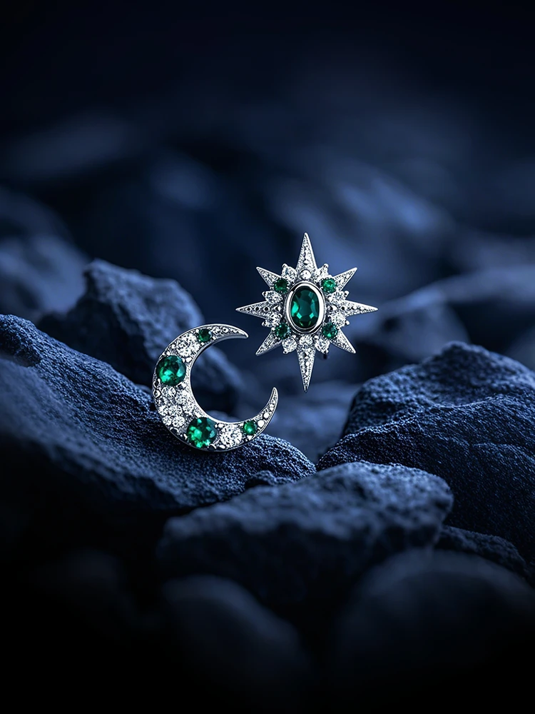 

YUKI 925 Sterling Silver Earrings Unisex Trendy Design Star Moon Luxury Imitation Emerald Fashion Jewelry Ear Cuff