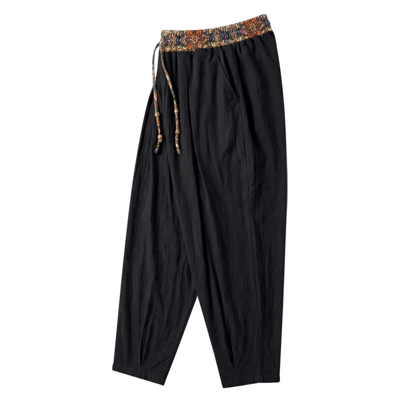 Herren 95% Leinen Haremshose Boho Blumenmuster Kordelzug Taille Lässige Weite Hose Strand Urlaub Knöchellange Hose – Detail 28