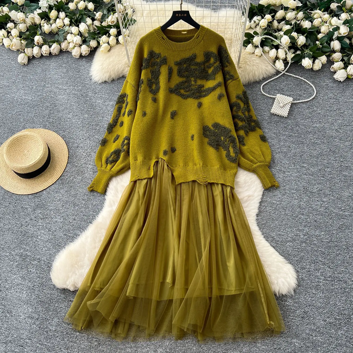 

Long Dress Women Two Fakes Dresses Knitted A Line Vestidos Party Night Streetwear Round Neck Full Sleeve Elegant Y2k Work