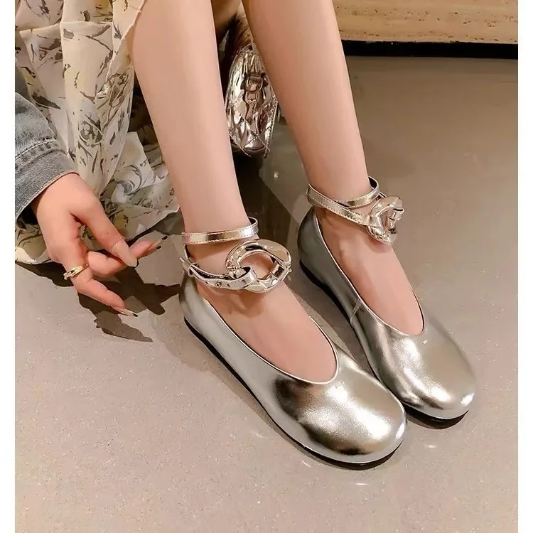 Woman Elegant French Round Toe Shallow Mary Janes Casual Flats Female Retro Metal Buckle Soft Sole Height Increased Single Shoes